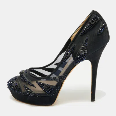 Jimmy Choo Navy Blue Crystal Embellished Suede And Mesh Kershaw Platform Pumps In Black