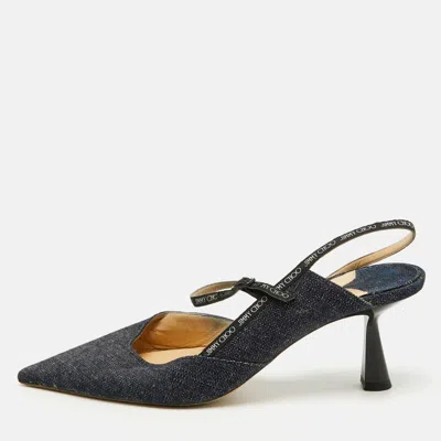 Pre-owned Jimmy Choo Navy Blue Denim Pointed Toe Ray Logo Slingback Pumps Size 40