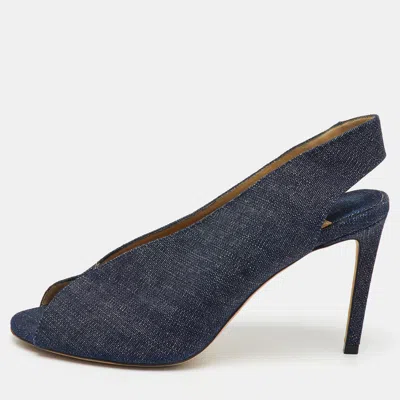Jimmy Choo Navy Blue Denim Shar Peep Toe Slingback Pumps In Multi