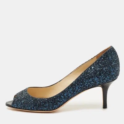 Pre-owned Jimmy Choo Navy Blue Glitter Isabel Peep Toe Pumps Size 36