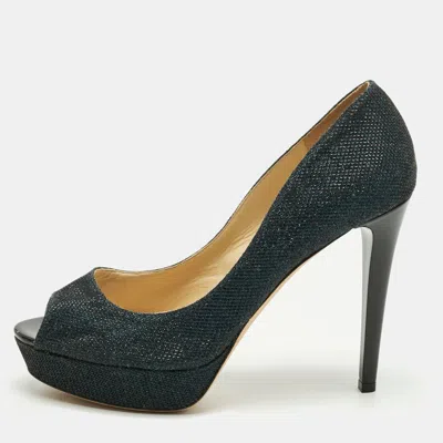 Jimmy Choo Navy Blue Glitter Luna Peep Toe Platform Pumps In Black