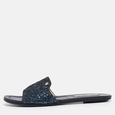 Pre-owned Jimmy Choo Navy Blue Glitter Nanda Flat Slides Size 37