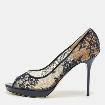 Jimmy Choo Navy Blue Lace And Patent Leather Luna Peep Toe Pumps