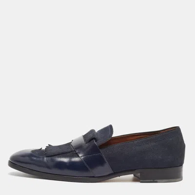 Pre-owned Jimmy Choo Navy Blue Leather And Denim Loafers Size 45
