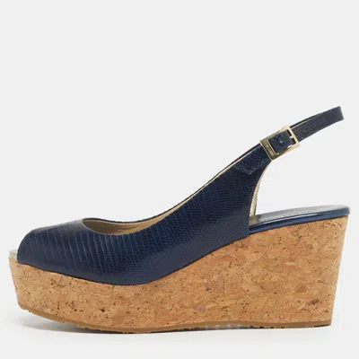 Pre-owned Jimmy Choo Navy Blue Lizard Embossed Leather Praise Wedge Sandals Size 36.5