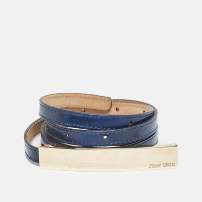 Pre-owned Jimmy Choo Navy Blue Patent Leather Logo Metal Slim Waist Belt 90cm