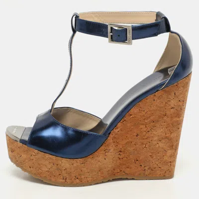Pre-owned Jimmy Choo Navy Blue Patent Pela Cork Wedge Platform Ankle Strap Sandals Size 37