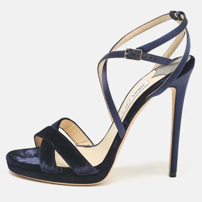Pre-owned Jimmy Choo Navy Blue Satin And Velvet Lola Ankle Strap Sandals Size 40