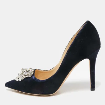 Pre-owned Jimmy Choo Navy Blue Velvet Crystal Embellished Manda Pumps Size 36
