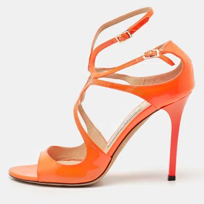 Pre-owned Jimmy Choo Neon Orange Patent Leather Lance Ankle Sandals Size 37.5