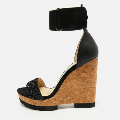 Pre-owned Jimmy Choo Neston Size 39 Black Leather And Suede Wedge Sandals