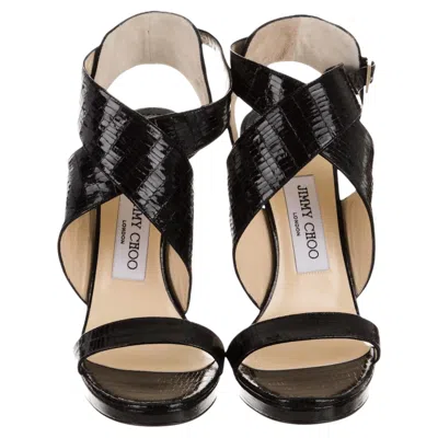 Pre-owned Jimmy Choo New  Lizard Platform Pumps Heels Sz 37.5 In Black