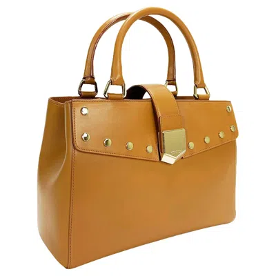 Pre-owned Jimmy Choo New  *lockett* Brown Leather Gold Studded Medium Size Top Handle Bag