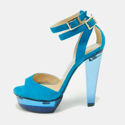 Pre-owned Jimmy Choo Niagara Size 36.5 Blue Suede Platform Ankle Strap Sandals