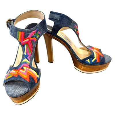 Pre-owned Jimmy Choo Nixon Embroidered Denim Platform Mules Size 39 In Black