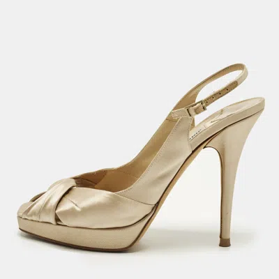 Pre-owned Jimmy Choo Nova Size 39 Beige Satin Peep Toe Slingback Pumps In Sand