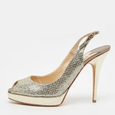 Pre-owned Jimmy Choo Nova Size 41 Silver Glitter Platform Peep Toe Slingback Sandals