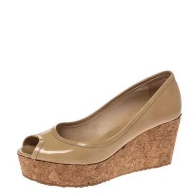 Jimmy Choo Nude Patent Parley Cork Wedge Pumps In Brown