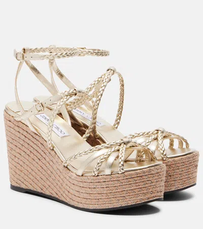 Jimmy Choo Nyra Braided Leather Espadrille Wedges In Gold
