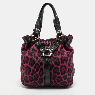 Pre-owned Jimmy Choo Odette Black/pink Leopard Print Calfhair And Snakeskin Tote
