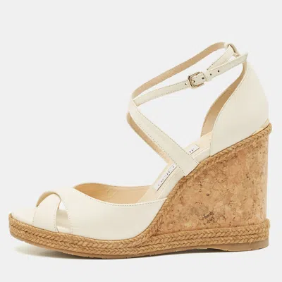 Pre-owned Jimmy Choo Off White Leather Alanah Cork Wedge Sandals Size 41