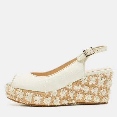 Pre-owned Jimmy Choo Off White Leather And Raffia Dakota Wedge Sandals Size 39