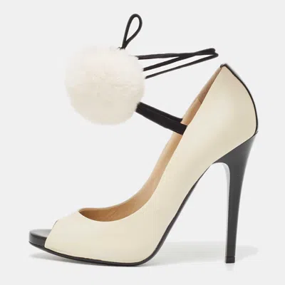 Pre-owned Jimmy Choo Off White Leather Pom Pom Ankle Tie Peep Toe Pumps Size 37.5