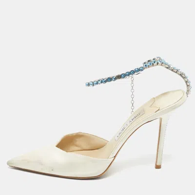 Jimmy Choo Off White Satin Saeda Crystals Ankle Strap Pumps