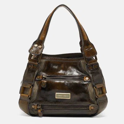 Pre-owned Jimmy Choo Olive Green Patent Leather And Suede Mahala Tote
