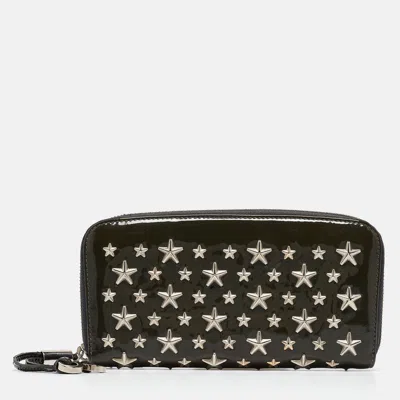 Pre-owned Jimmy Choo Olive Green Patent Leather Star Studded Zip Around Wallet