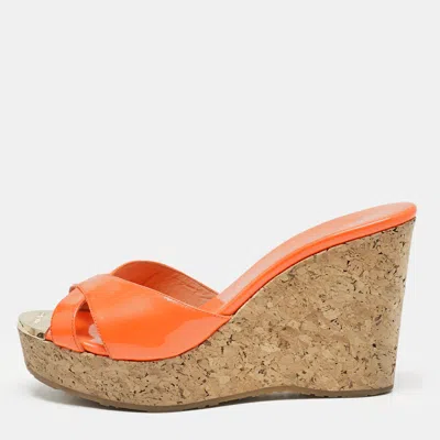 Pre-owned Jimmy Choo Orange Patent Leather Cork Wedge Platform Sandals Size 36