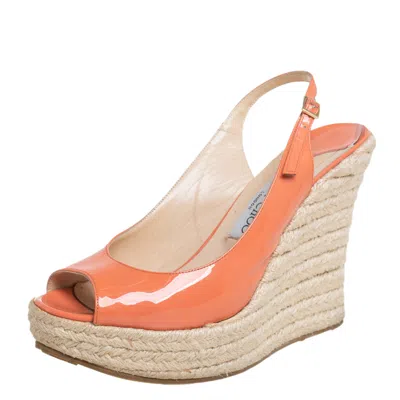 Pre-owned Jimmy Choo Orange Patent Leather Espadrille Wedge Slingback Sandals Size 38.5