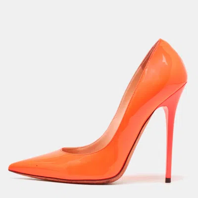 Pre-owned Jimmy Choo Orange Patent Leather Pointed Toe Pumps Size 37