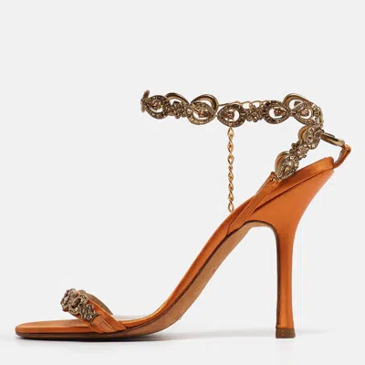 Pre-owned Jimmy Choo Orange Satin Crystals Embellished Sandals Size 37