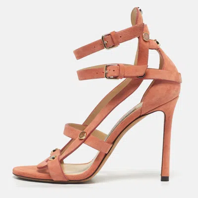Pre-owned Jimmy Choo Orange Suede Studded Ankle Strap Sandals Size 36