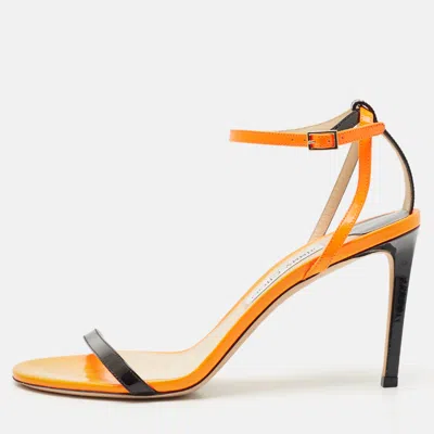 Pre-owned Jimmy Choo Orange/black Patent Leather Minny Ankle Strap Sandals Size 41