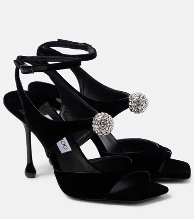 JIMMY CHOO ORB 95 EMBELLISHED VELVET SANDALS