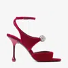 Jimmy Choo Orb 95 Velvet Sandals In Rubinrot/kristall