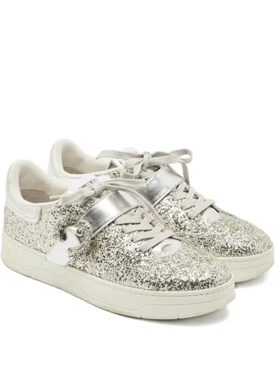 Pre-owned Jimmy Choo Osaka Glitter-embellished Sneakers In Silver