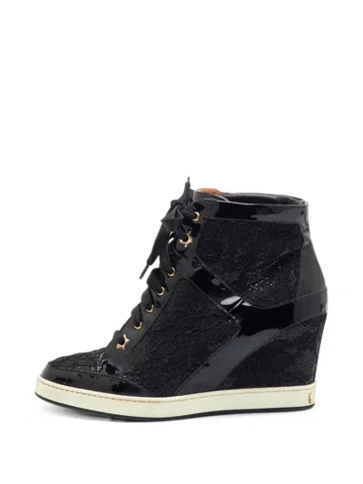 Pre-owned Jimmy Choo Panama Lace Wedge Sneakers In Black