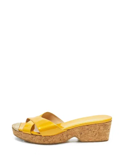 Pre-owned Jimmy Choo Pandora Cork Wedge Sandals In Yellow