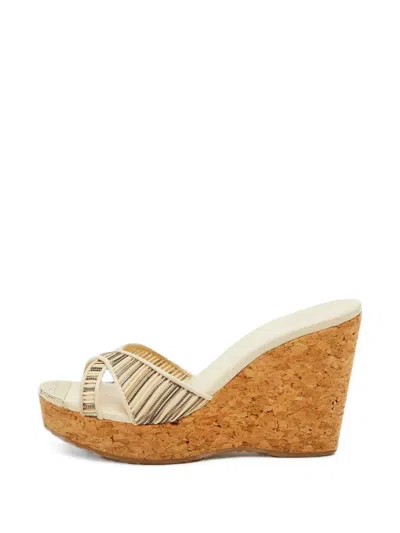 Pre-owned Jimmy Choo Pandora Wedge Sandals In Neutral