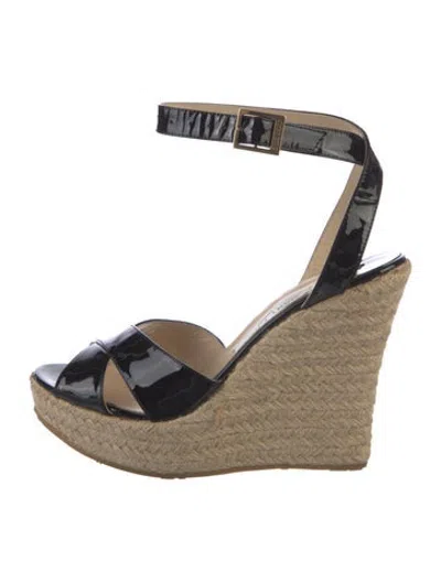 Pre-owned Jimmy Choo Patent Leather Braided Accents Espadrilles In Black/neutrals