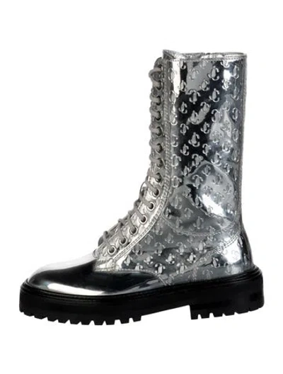 Pre-owned Jimmy Choo Patent Leather Colorblock Pattern Combat Boots In Silver