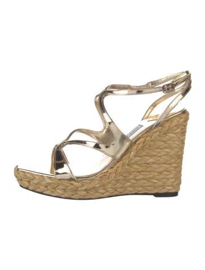 Pre-owned Jimmy Choo Patent Leather Colorblock Pattern Espadrilles In Gold