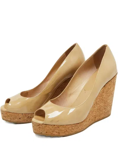 Pre-owned Jimmy Choo Patent Leather Cork Wedge Pumps In Neutral