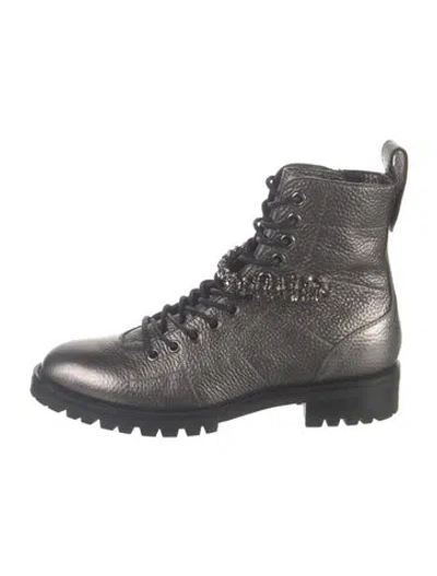 Pre-owned Jimmy Choo Patent Leather Crystal Embellishments Combat Boots In Green