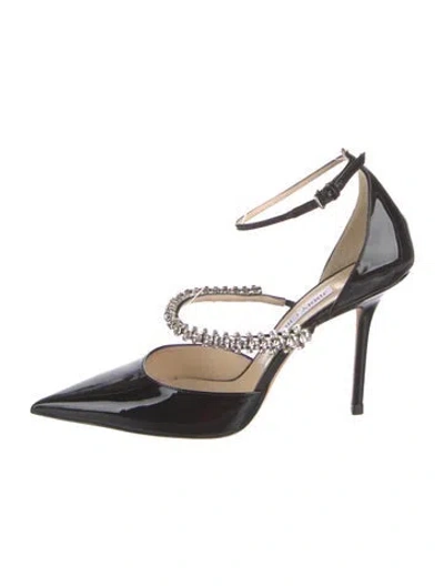 Pre-owned Jimmy Choo Patent Leather Crystal Embellishments T-strap Pumps In Black