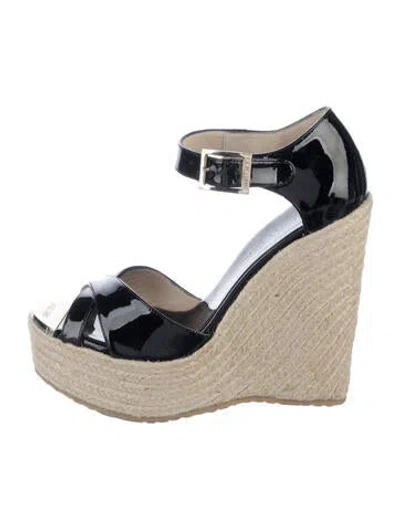 Pre-owned Jimmy Choo Patent Leather Cutout Accent Espadrilles In Black