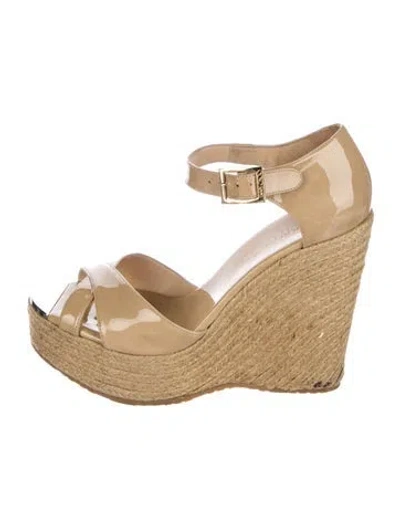 Pre-owned Jimmy Choo Patent Leather Cutout Accent Espadrilles In Neutral